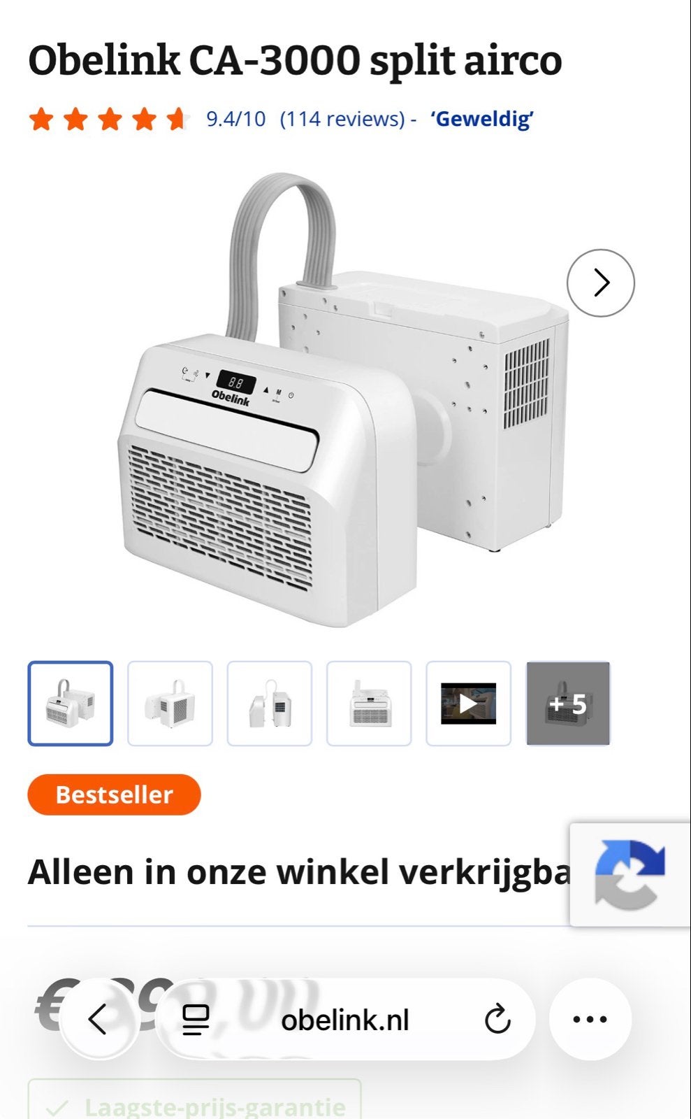 Obelink CA-3000 split airco - Mobiele airconditioning, Ophalen, Minder dan 60 m³, 3 snelheden of meer, Zo goed als nieuw