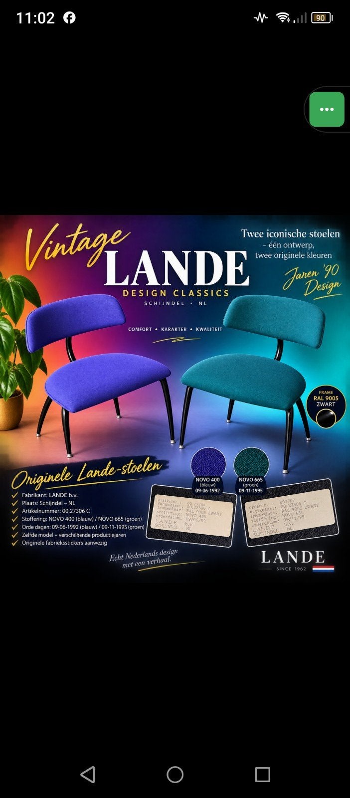 Set van 2 originele Lande designstoelen - jaren '90, Ophalen of Verzenden