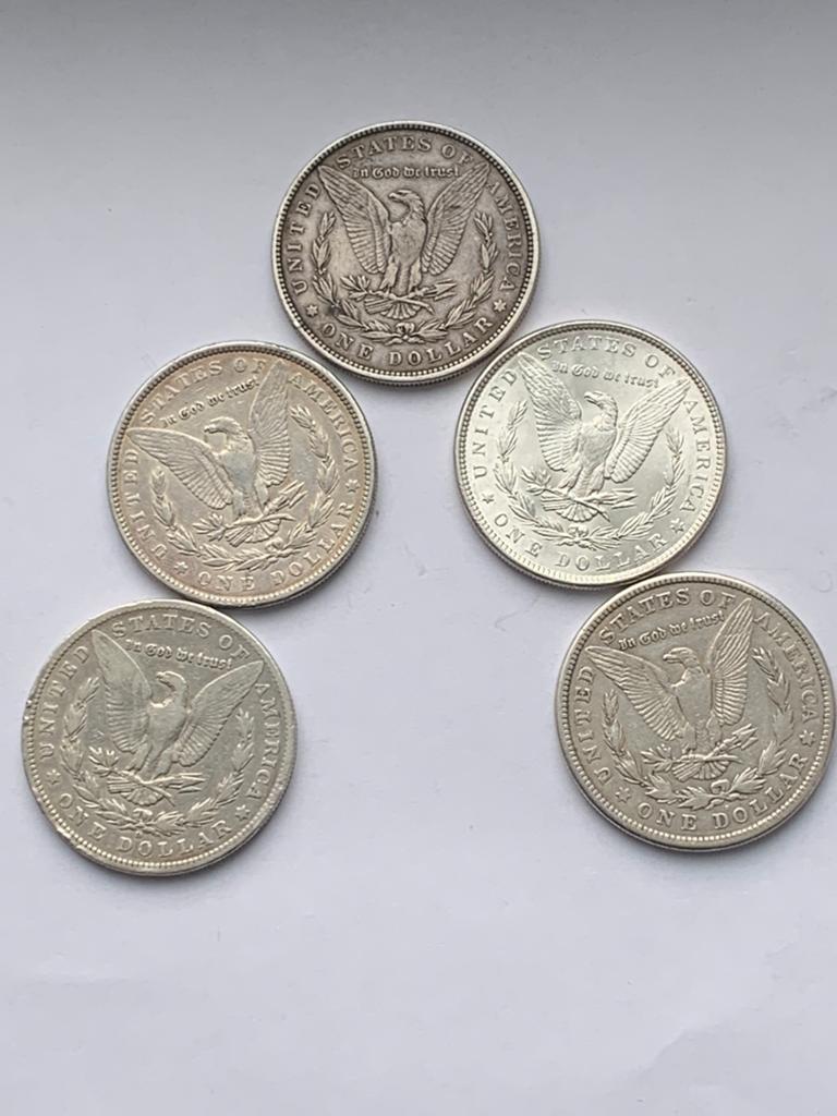 5 zilveren morgan dollars liefst in 1 koop maar ook per stuk, Ophalen of Verzenden, Noord-Amerika