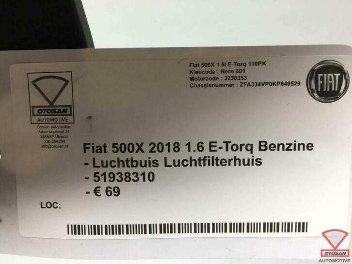 fiat 500x 2018 luchtbuis luchtfilterhuis 51938310, Auto-onderdelen, Gebruikt, Stellantis Europe S.p.A., Ophalen of Verzenden, Info@stellantis.com