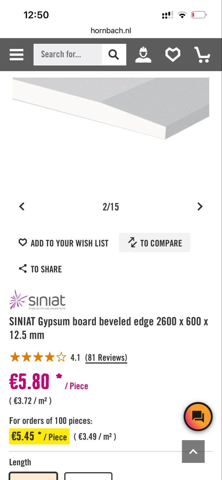 2 Siniat gipsplaten, 2600x600x12,5 mm, zo goed als nieuw, Ophalen, Zo goed als nieuw, Overige materialen, Minder dan 20 mm