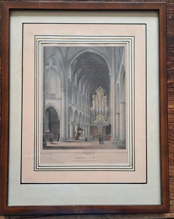 Ets/Gravure Haarlem Kerk - Lichte beschadiging aan lijst, Antiek en Kunst, Ophalen, Architectuur, Ets, Ingelijst