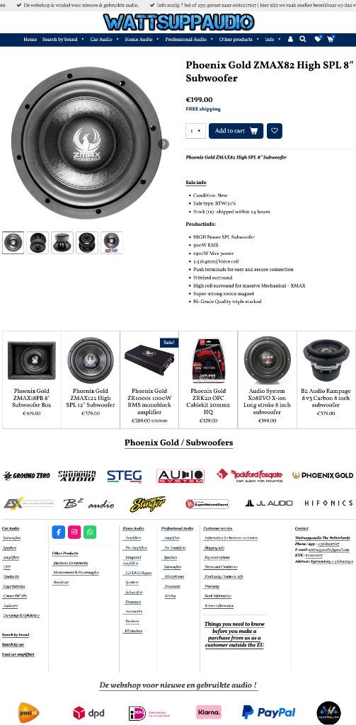 Phoenix Gold ZMAX82 High SPL 8 inch Subwoofer, Auto diversen, Autospeakers, Hifi-Focus, Aalsmeerderweg 173 1432 CL, Aalsmeer, Nieuw