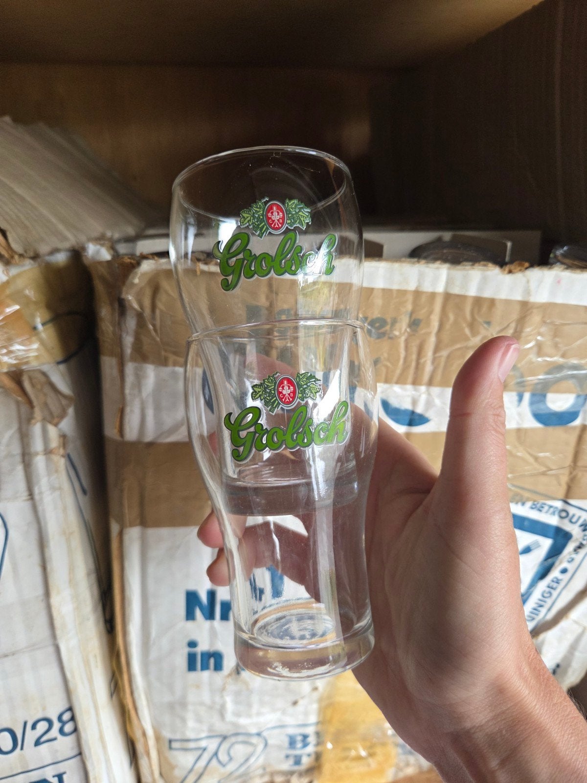 180/190 Grolsch bierglazen (tulpmodel/stapelbaar), Ophalen, Gebruikt, Bierglas
