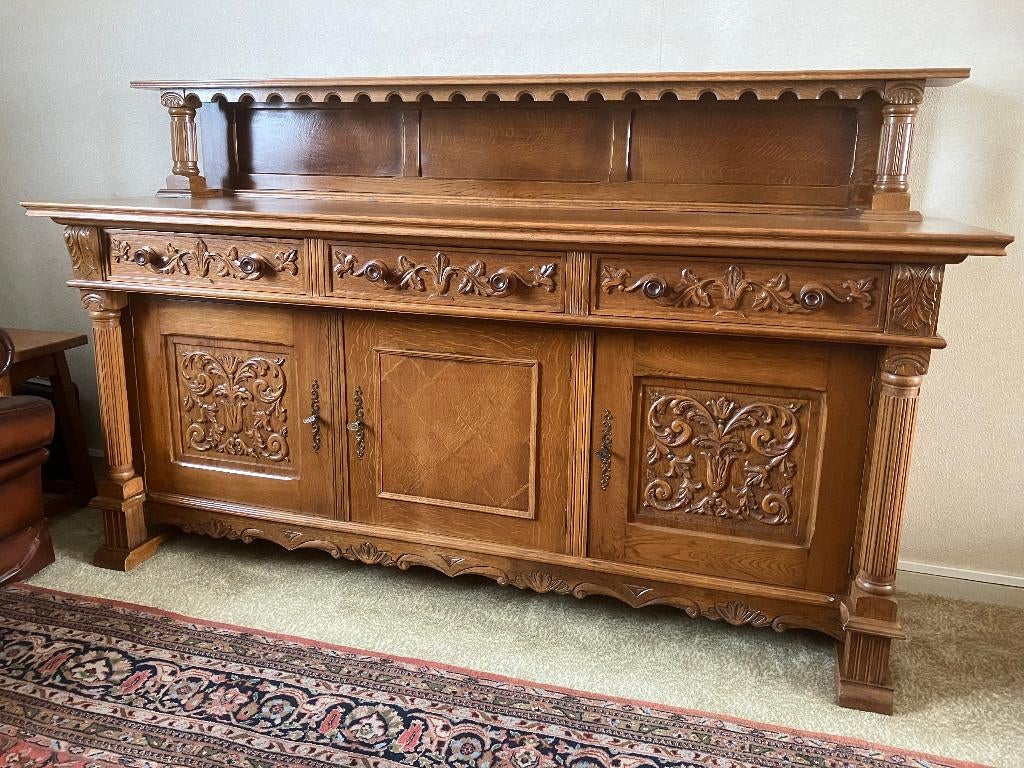 Dressoir met opbouw 200 x 56 x 90 / 129 cm licht eiken, Huis en Inrichting, Ophalen, Gebruikt, Met deur(en), 150 tot 200 cm