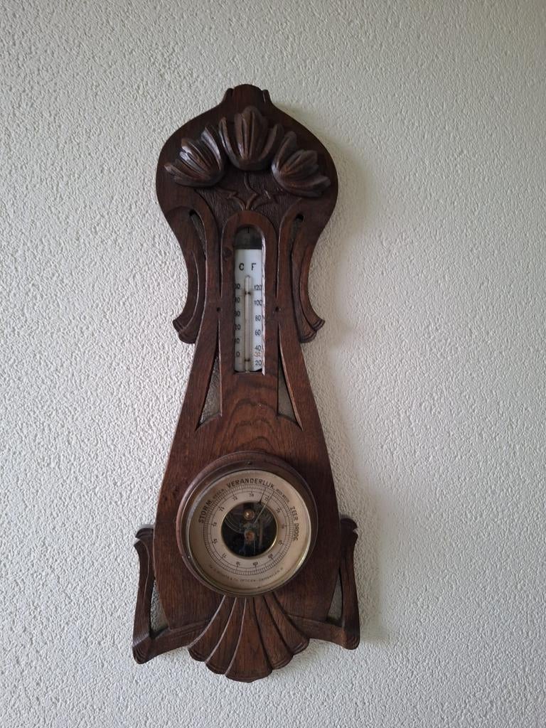 Antieke houten barometer met thermometer, Ophalen, Gebruikt, Barometer