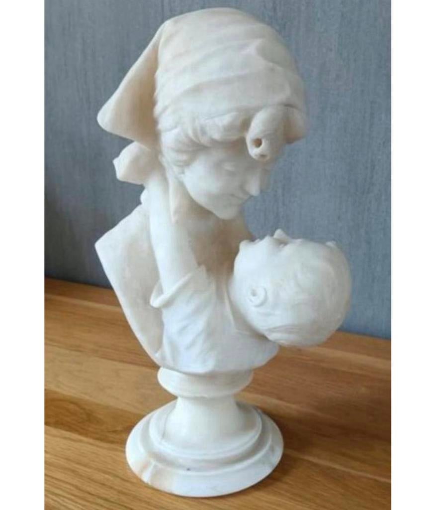 H. Malavotti 1920 Beeld Moeder met kind Albast Italie 40cm, Buste, Handgemaakt, Ophalen of Verzenden, Wit