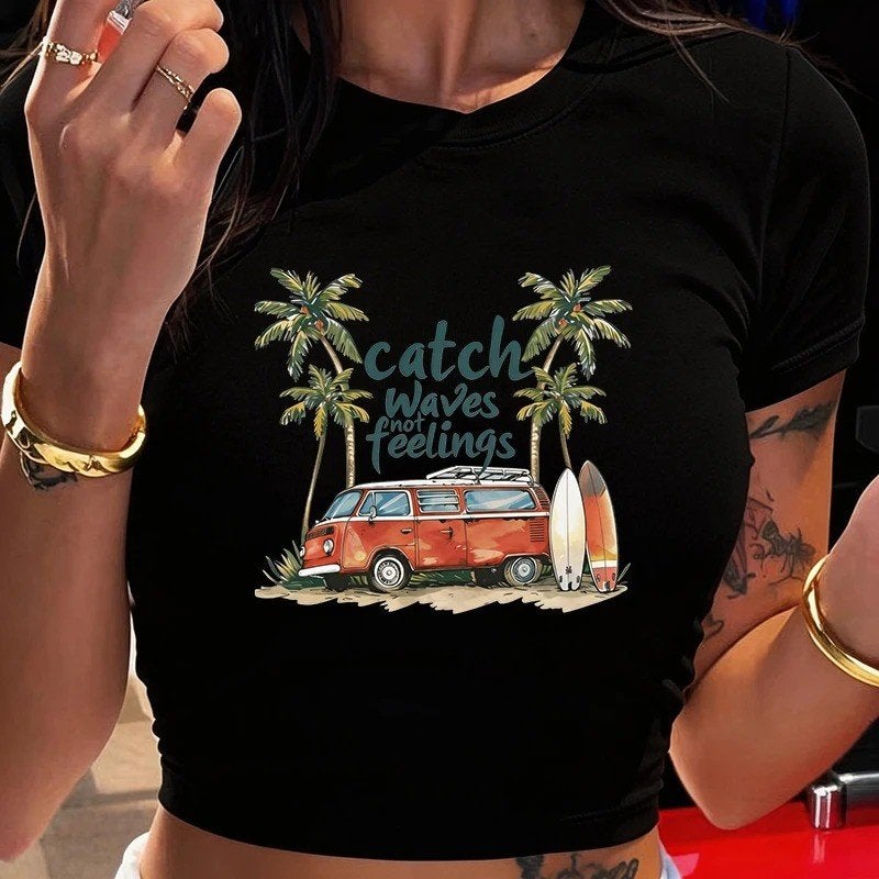 Luxe crop shirt Y2k stijl voor meiden - Catch Waves, Kleding | Dames, Ophalen of Verzenden, Nieuw, Maat 36 (S), Korte mouw