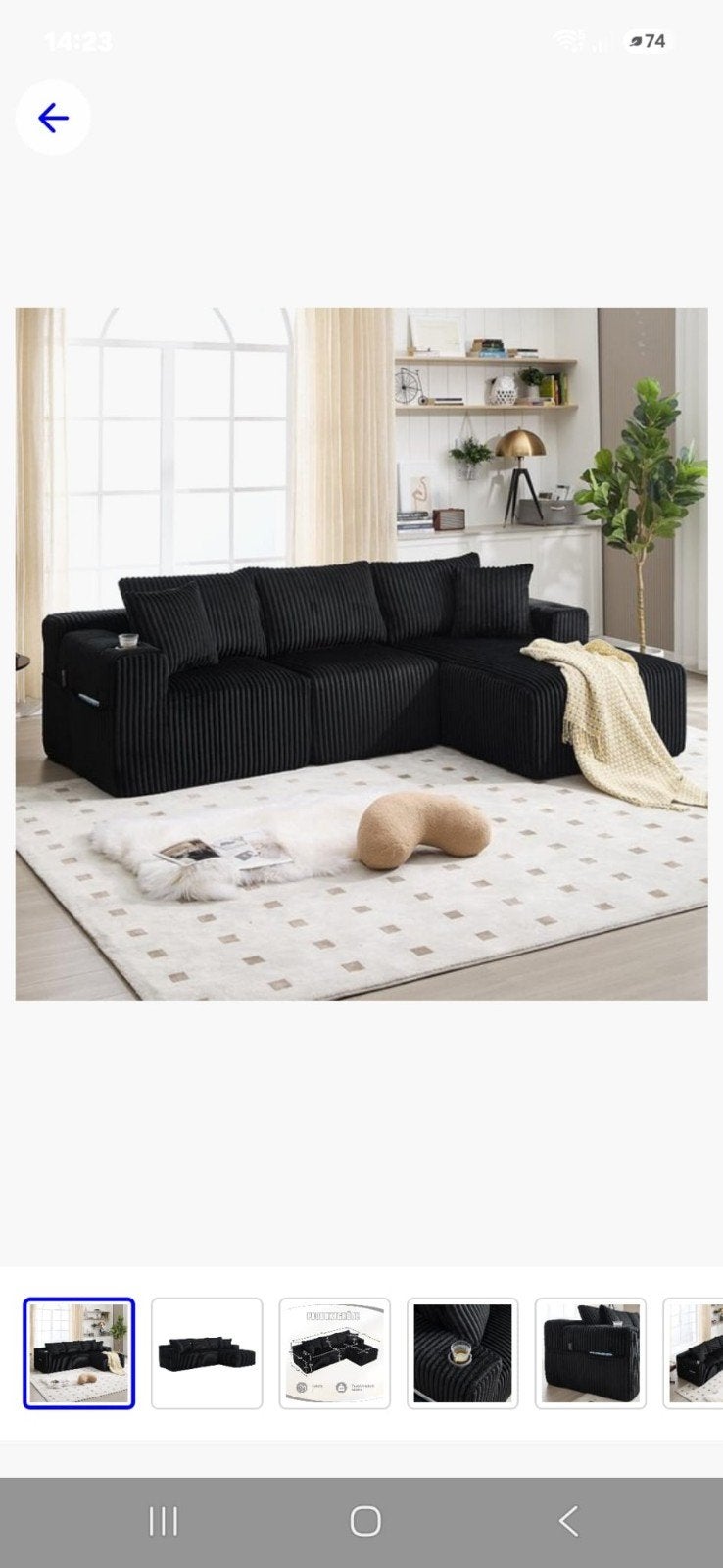 Zwarte ribfluwelen hoekbank met chaise longue, Ophalen