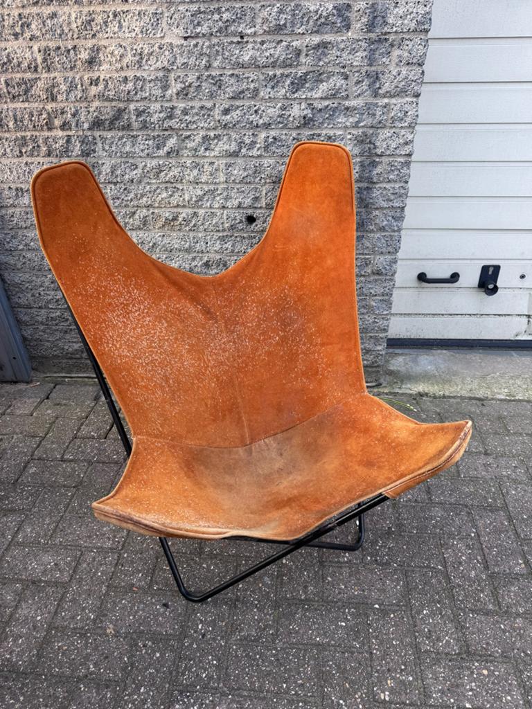 Vintage Vlinderstoel - Cognac Leer, Gebruikt, Bruin, Leer, Ophalen of Verzenden