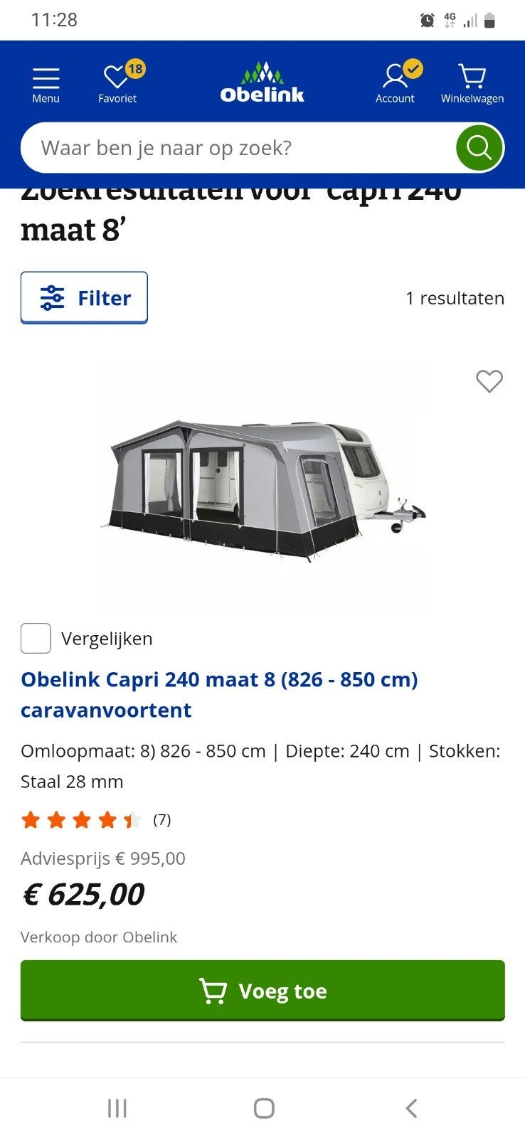 Obelink Capri 240 maat 8 voortent - Nieuw, Ophalen, Nieuw, Polyester, Overige merken