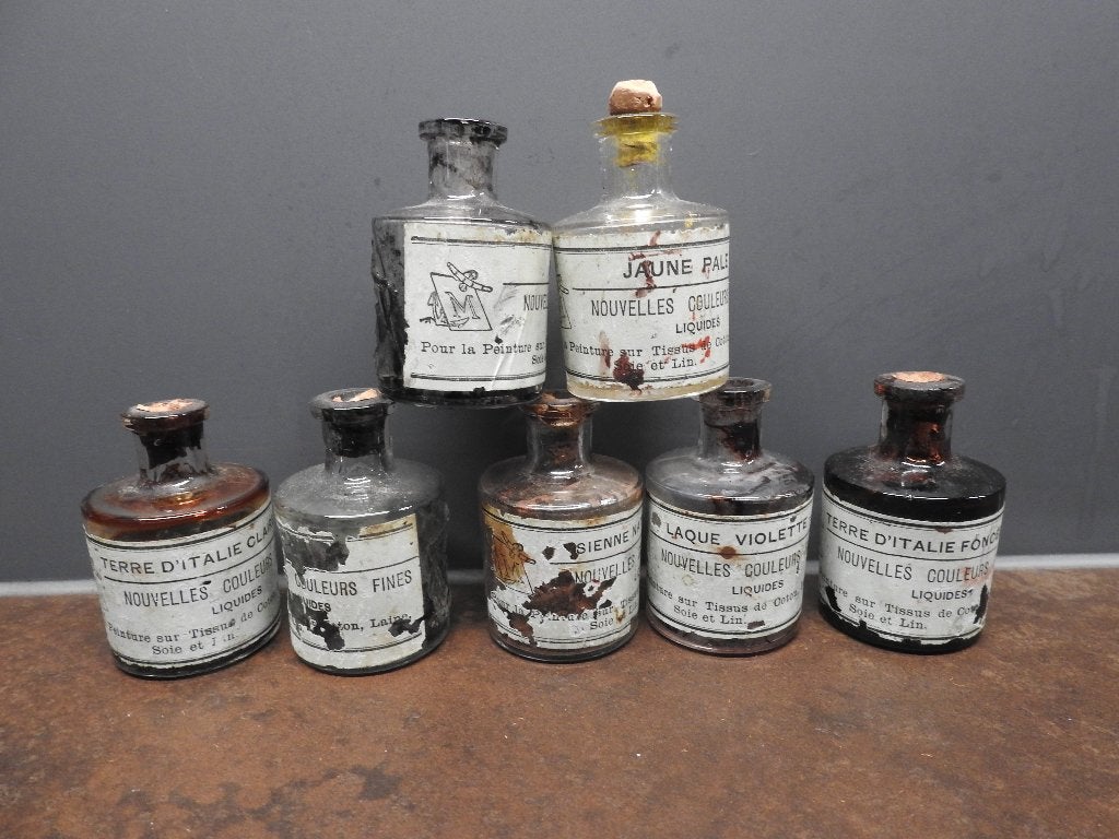 7 Antieke France glazen verfpotjes., Ophalen of Verzenden