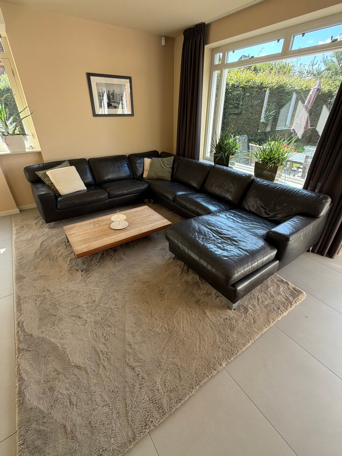 Zwarte leren hoekbank met chaise longue, Ophalen, Gebruikt, Hoekbank, 300 cm of meer