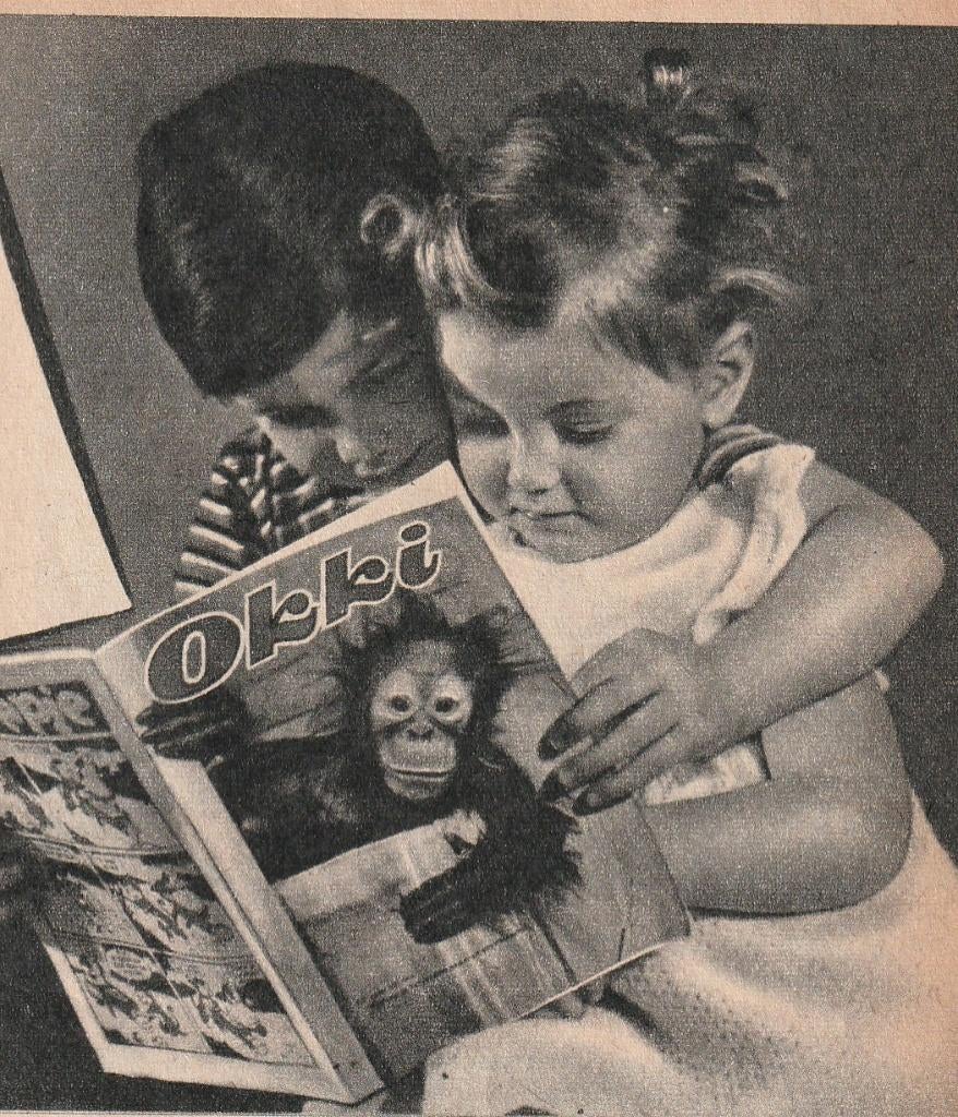 Retro reclame 1955 Taptoe Okki jongetje & meisje lezen, Verzamelen, Retro, Overige typen, Verzenden
