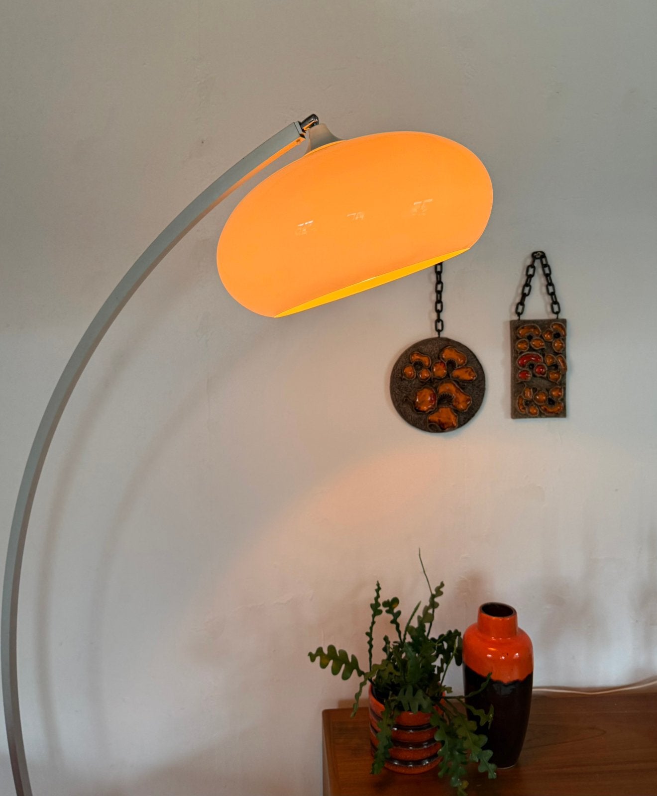 Vintage XXL verstelbare Deense booglamp ‘70, Vintage retro buisframe design rotan webbing papercord deens, 200 cm of meer, Zo goed als nieuw