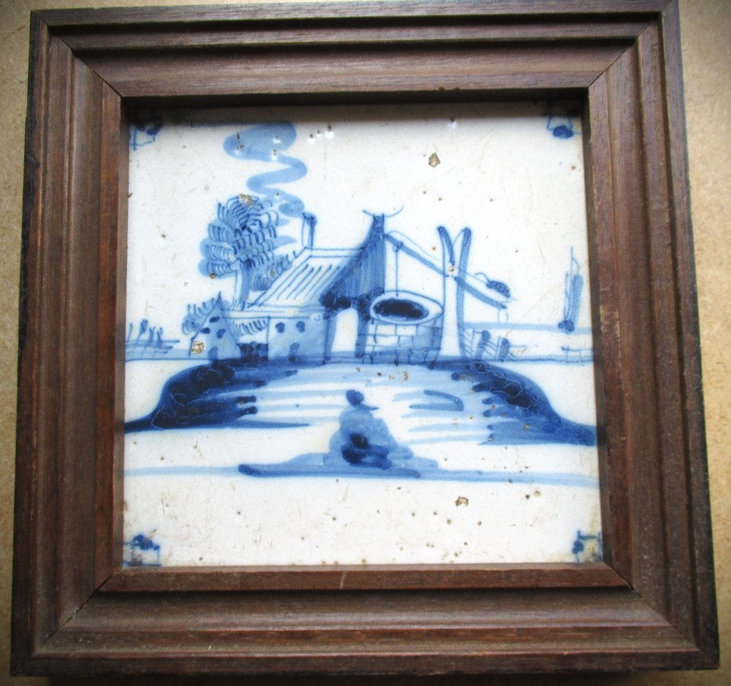 Delfts Blauw antieke wandtegel Huis met put~17e of 18e eeuw, Antiek en Kunst, Antiek | Wandborden en Tegels, Ophalen of Verzenden