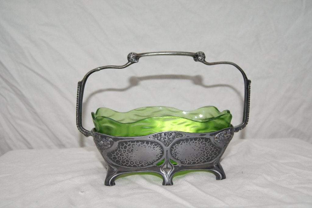 Antieke Art Nouveau schaal met groen glas en metalen houder, Ophalen of Verzenden