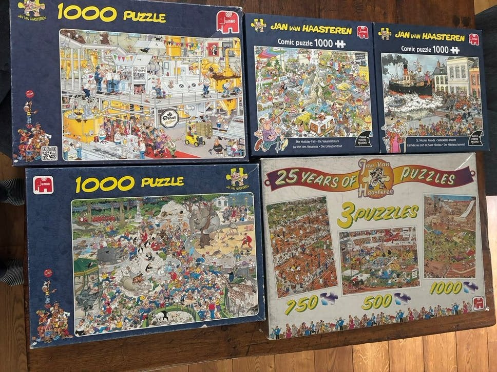 Set van Jan van Haasteren puzzels (4 en een doos van 3 stuks, Ophalen of Verzenden, 500 t/m 1500 stukjes, Gebruikt, Legpuzzel