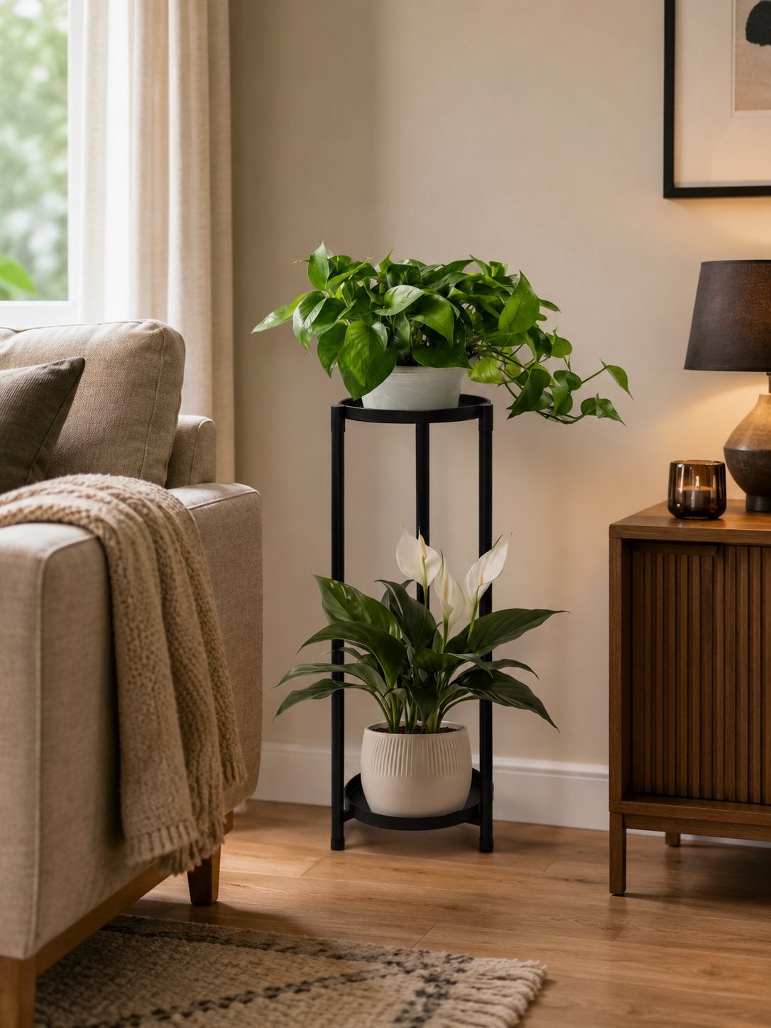 Zwarte metalen plantenstandaard met 2 lagen, Minder dan 60 cm, Rond, Nieuw, Ophalen of Verzenden