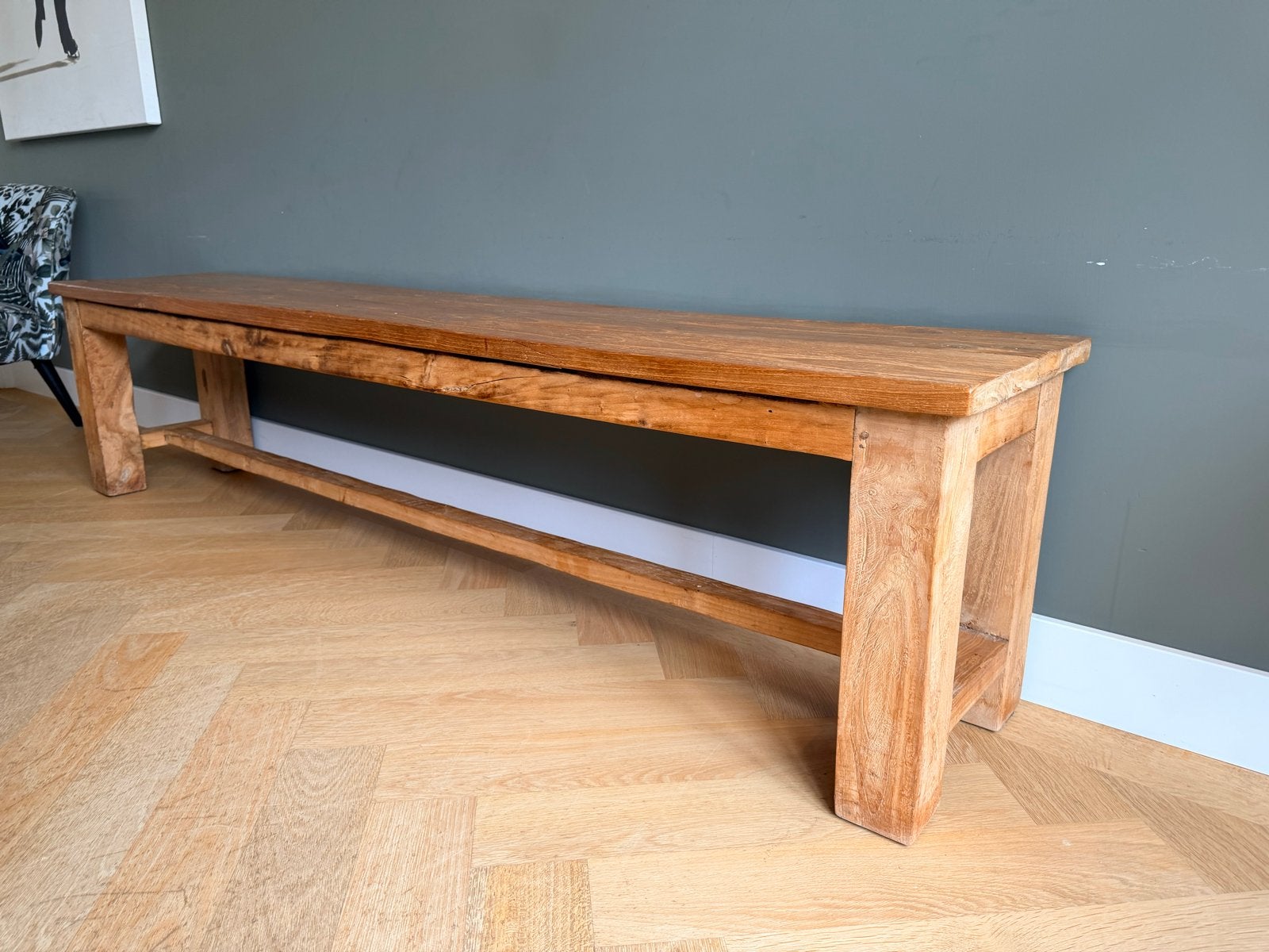 Massief houten bankje - 205x40x48cm, Ophalen, Gebruikt, Hout, Drie