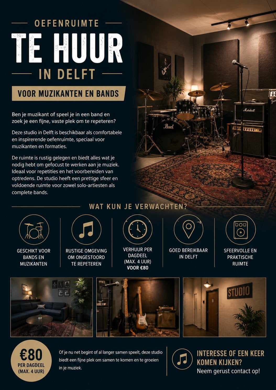 Oefenruimte te huur in Delft voor muzikanten en bands, Ophalen of Verzenden, Gebruikt