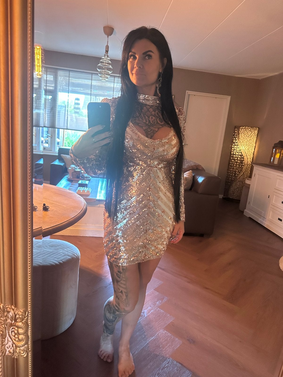 Beige champagne glitter pailletten jurk maat S, Kleding | Dames, Jurken, Verzenden, Zo goed als nieuw, Maat 36 (S), Boven de knie