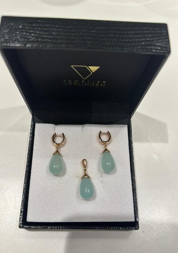 Oorbellen + collier hanger 14 krt rosegoud Azuurblauwe agaat, Sieraden, Tassen en Uiterlijk, Oorbellen, Ophalen of Verzenden, Zo goed als nieuw