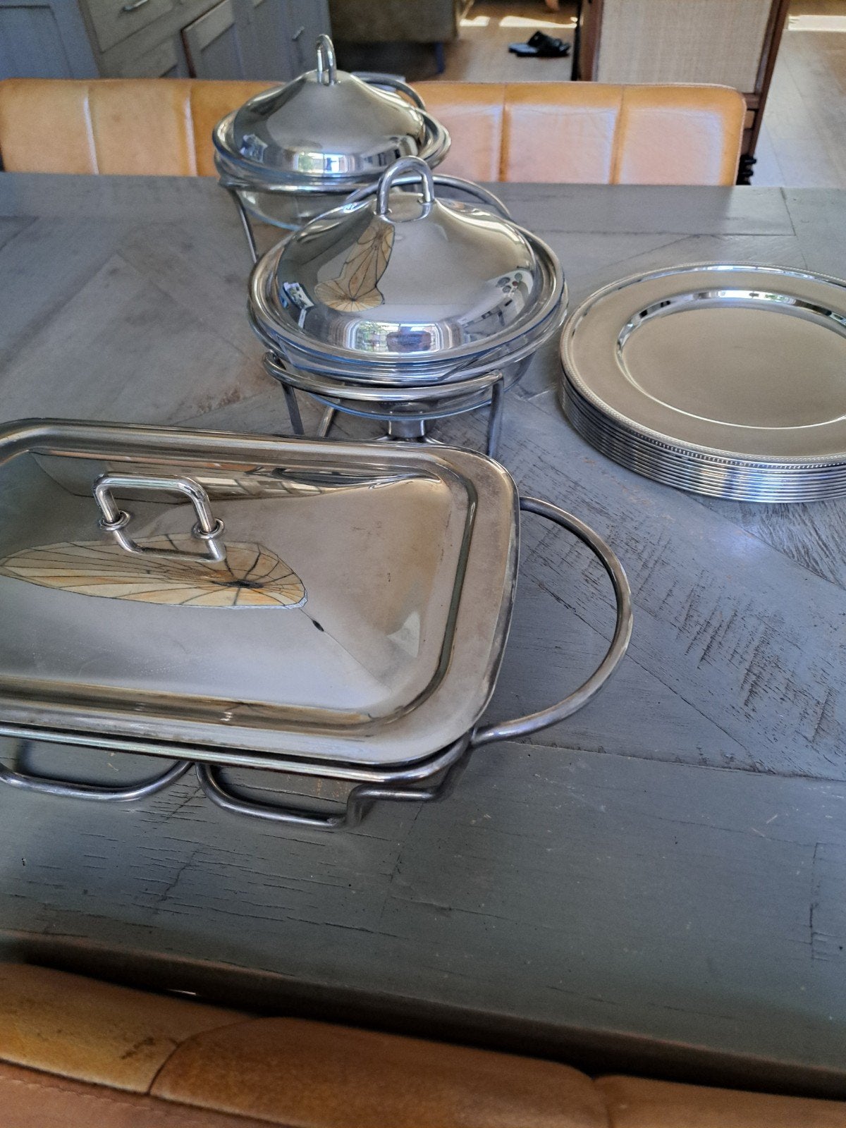 3 verzilverde rechauds en 10 verzilverde onderborden, Ophalen of Verzenden, Zo goed als nieuw, Glas