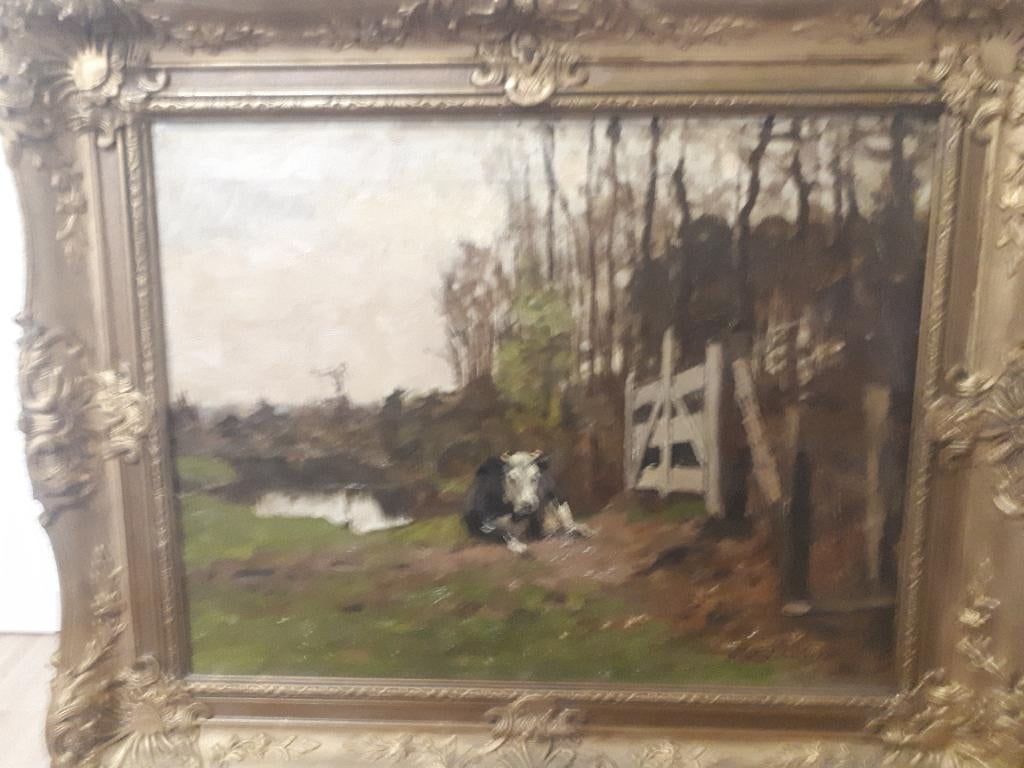 Te koop: Schilderij P.P. Schiedges "Koe in de wei bij hek", Antiek en Kunst, Ophalen of Verzenden