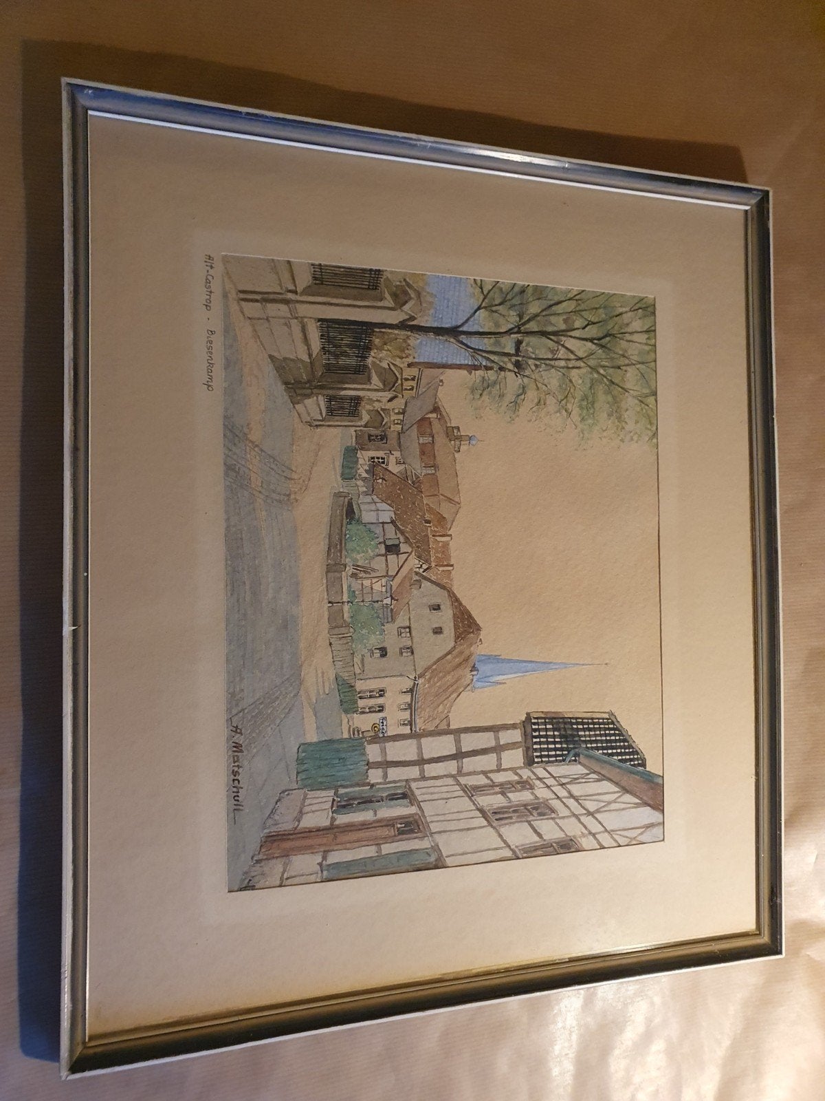 Aquarel van H. Matschull: Stadsgezicht Besschkamp, Origineel werk, Ophalen of Verzenden, Aquarel, Papier