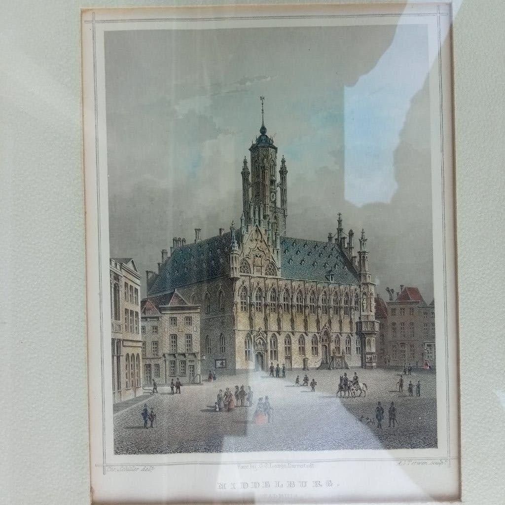 Middelburg Stadhuis Staalgravure A.J. Terwen ca. 1858 ingel., Antiek en Kunst, 31 cm, Met tekst, 1800 - 1899, Stadsgezicht