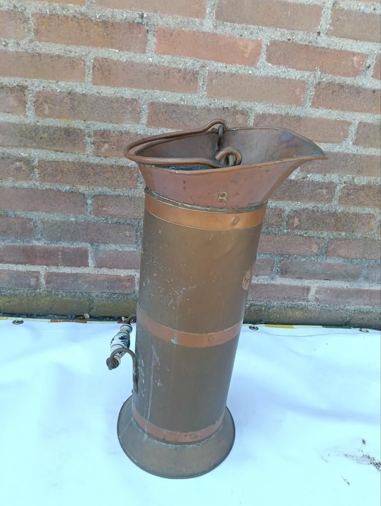 Antieke Koperen Kolenkit met Porseleinen Handvat, Antiek en Kunst, Antiek | Koper en Brons, Ophalen, Koper