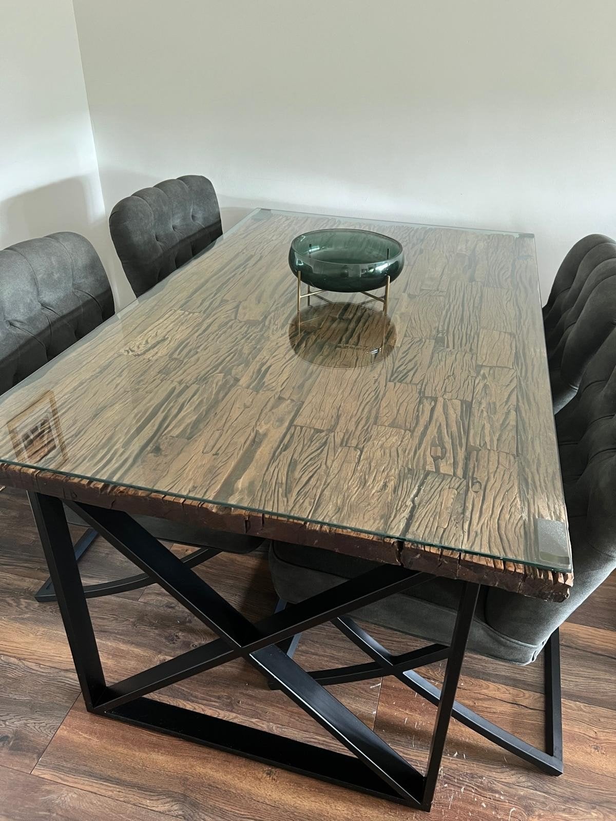 Eettafel met stoelen en salontafel z.g.a.n, Ophalen, Glas, 100 tot 150 cm, 50 tot 100 cm