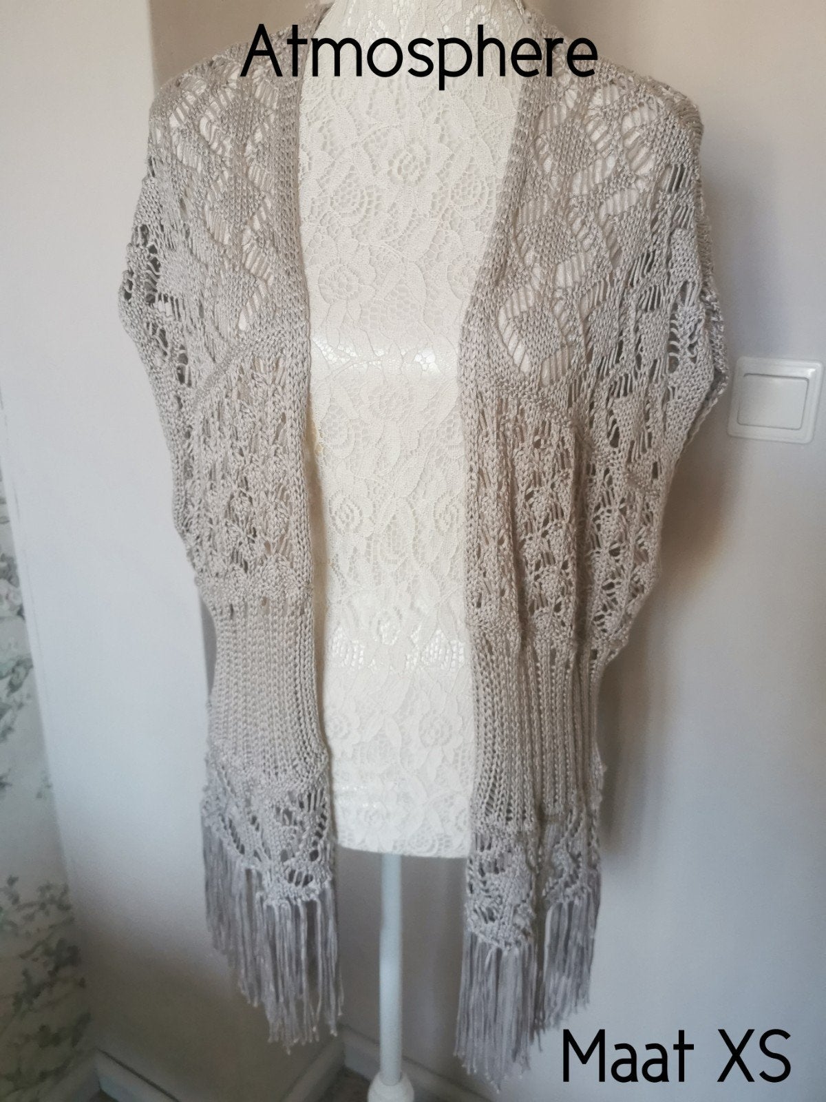 Boho Ibiza gehaakt vestje met franjes – Atmosphere – XS, Atmosphere, Beige, Ophalen of Verzenden, Zo goed als nieuw