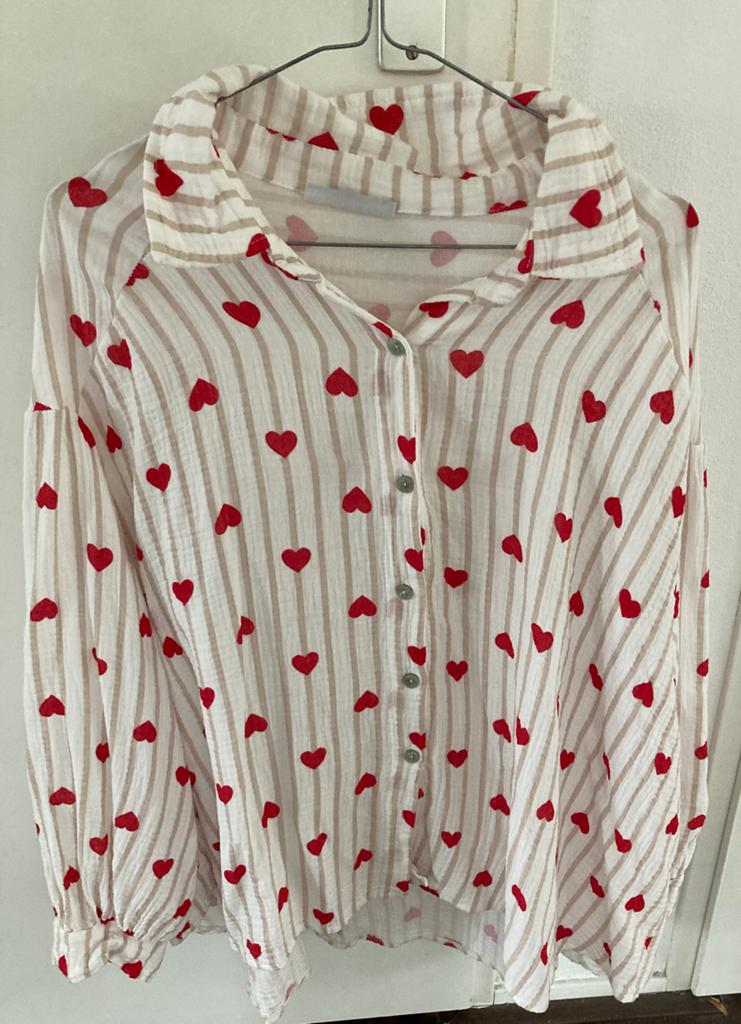 Blouse wafelstof hartjes ecru rood onesize, Kleding | Dames, Blouses en Tunieken, Ophalen of Verzenden, Zo goed als nieuw, Wit