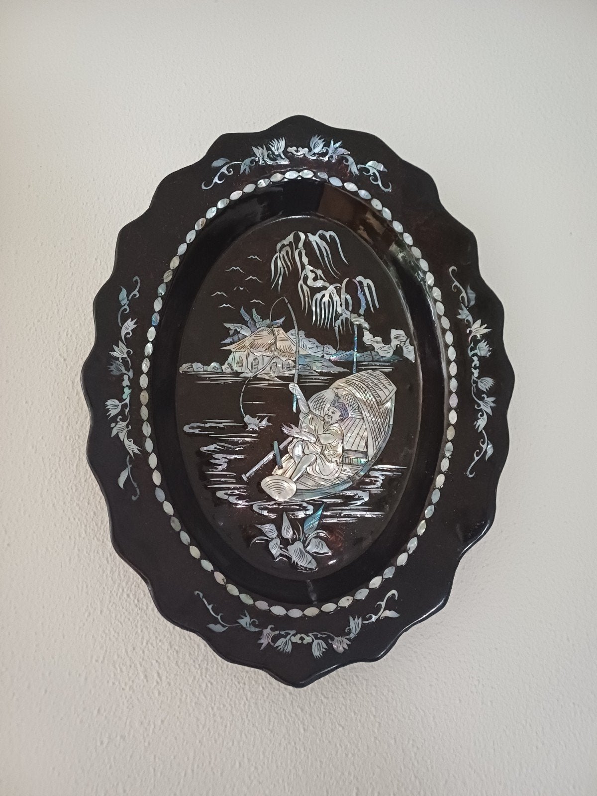 Vintage Ovale Lakplaat met Parelmoer Inleg, Ophalen of Verzenden