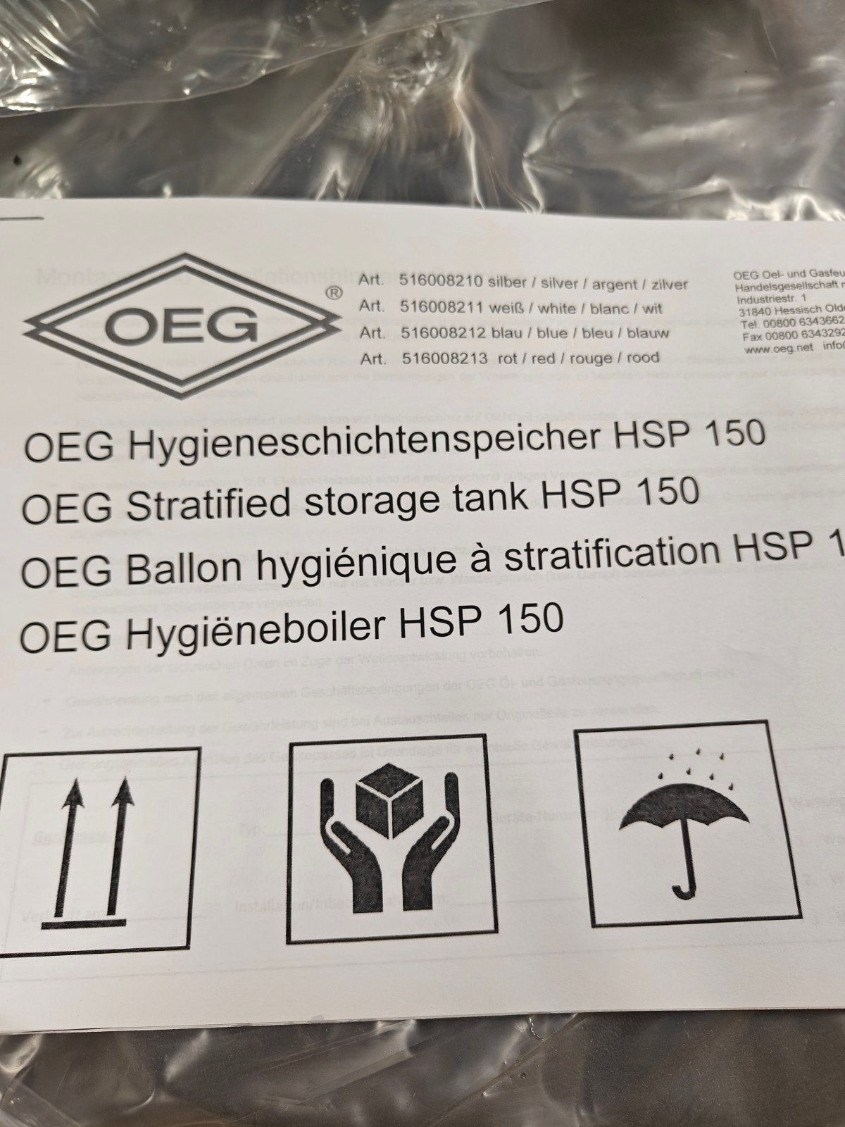 OEG hygieneboiler HSP150, Ophalen, 100 liter of meer, Nieuw, Boiler