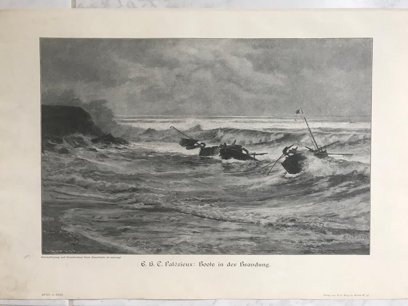 1899: E.H.C. Palézieux: Boote in der Brandung, afm. 32x21cm., Dagelijks leven, 1800 - 1899, Ophalen of Verzenden, 32 cm