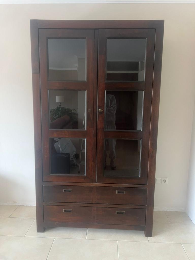 Eikenhouten vitrinekast met lades - 200x45x40 cm, Ophalen, Minder dan 50 cm, 200 cm of meer, Eikenhout