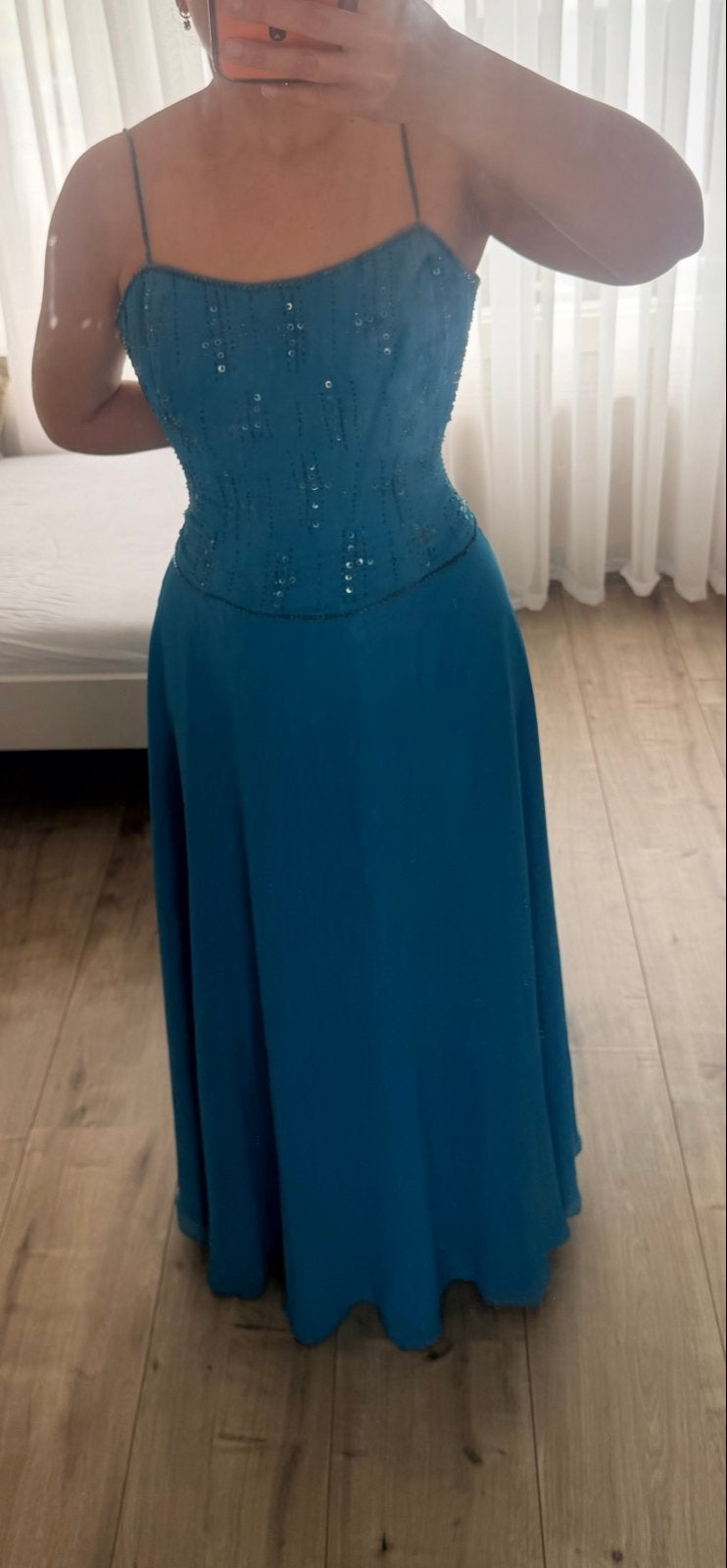Elegante turquoise galajurk met pailletten, Galajurk, Blauw, Ophalen of Verzenden, Zo goed als nieuw