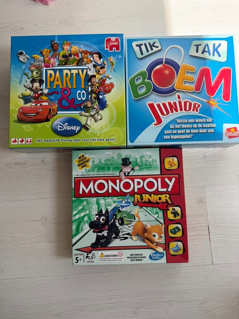 Zgan! 3 stuks spellen monopoly junior party en co tik tak, Ophalen of Verzenden, Zo goed als nieuw