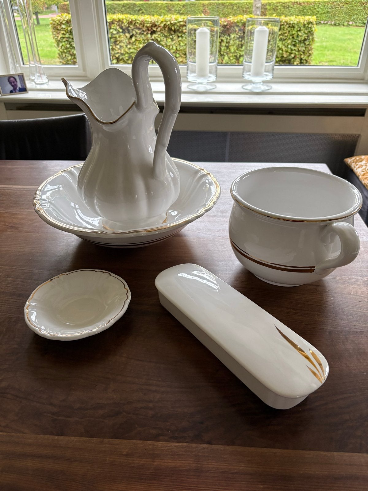 Antiek wit porseleinen lampet set met gouden rand, Antiek en Kunst, Ophalen