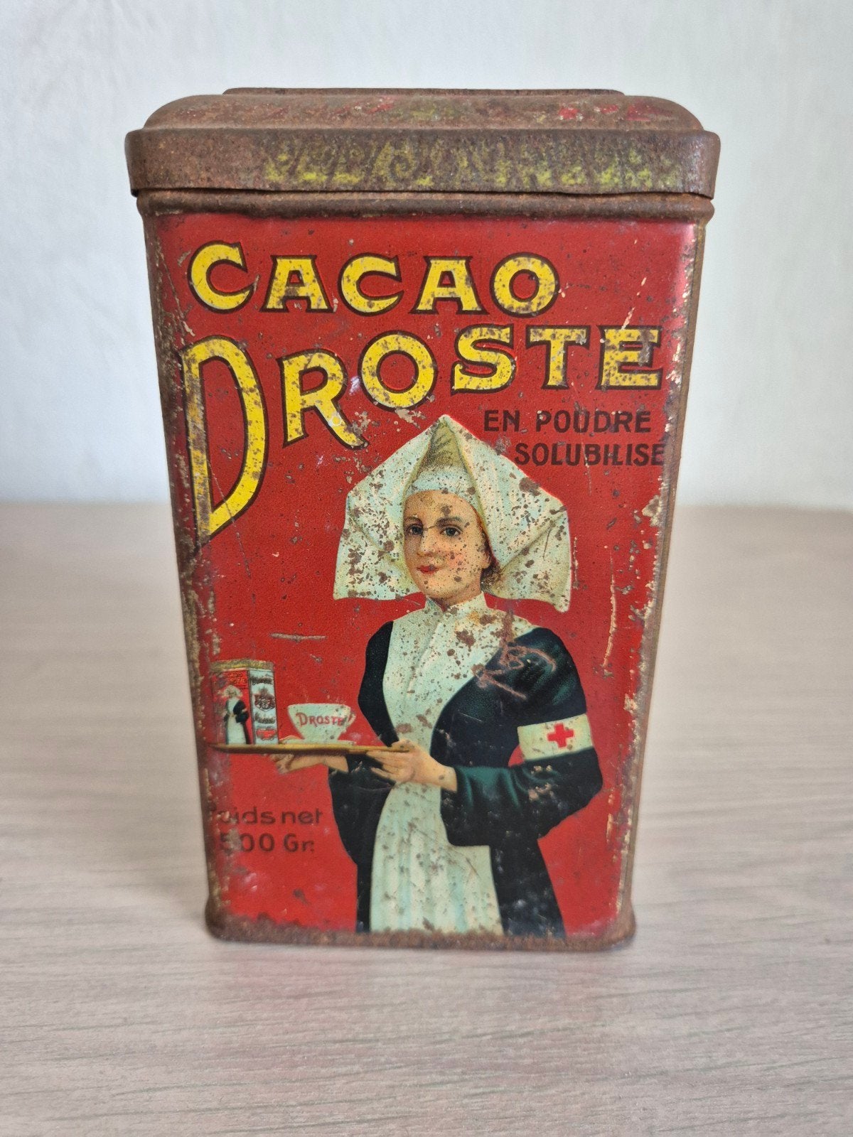 Droste blik met rood kruisje, Verzamelen, Blikken, Ophalen of Verzenden, Gebruikt, Overige, Droste