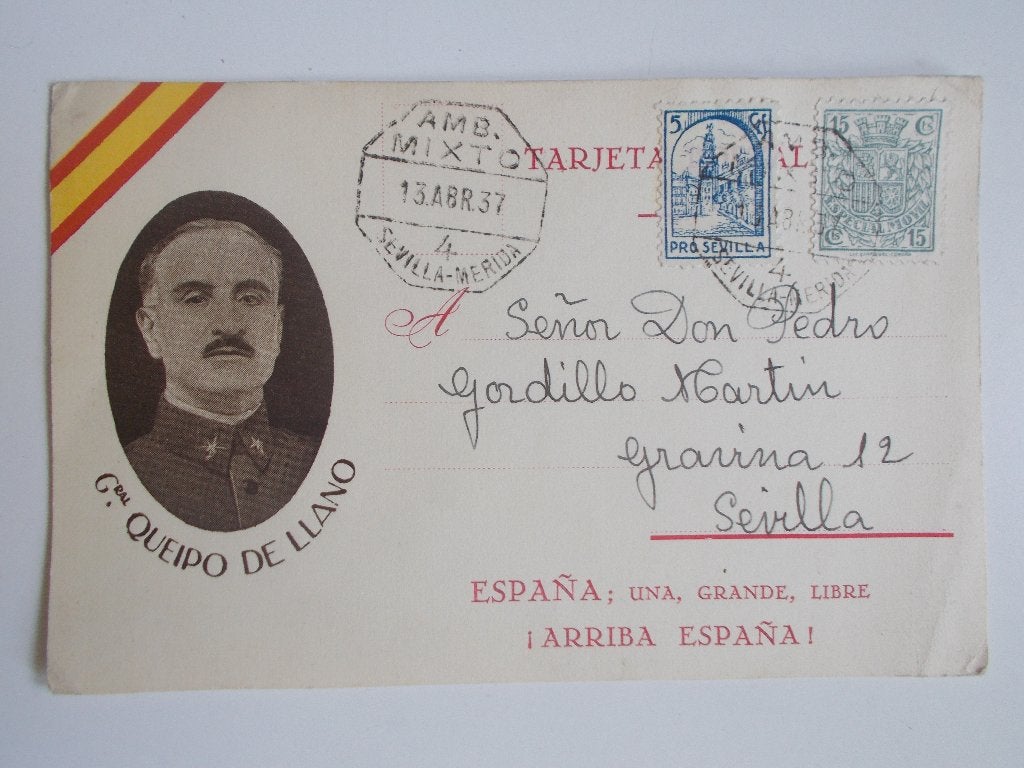 Spanje Burgeroorlog, Postkaart Generaal Queipo De Llano 1937, Ophalen, Briefkaart