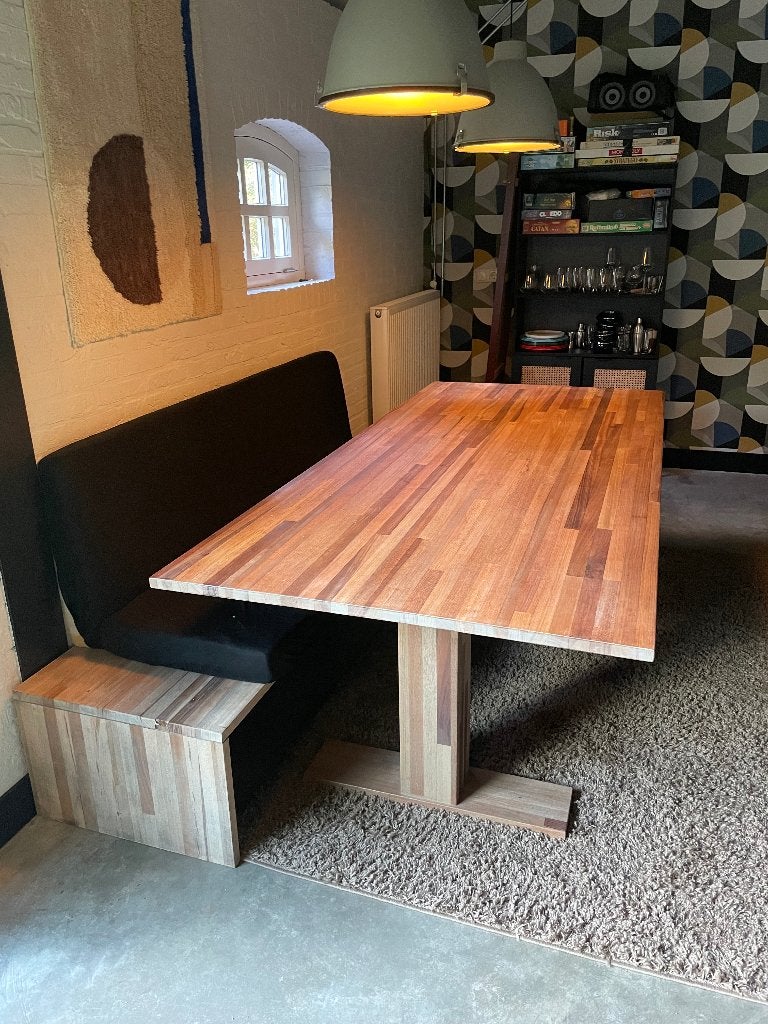 Houten eettafel met bijpassende eetbank, Ophalen, Gebruikt, 100 tot 150 cm, 200 cm of meer