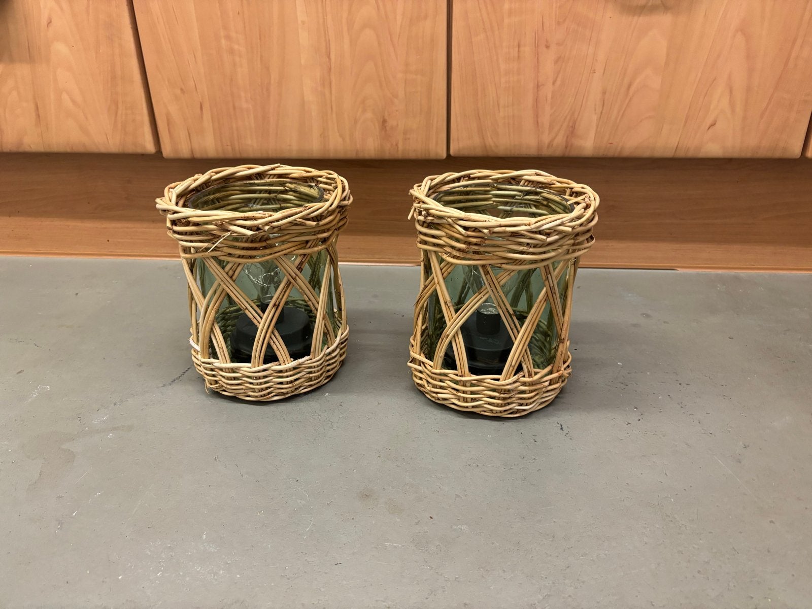 Set van 2 rieten windlichten met glazen houder, Windlicht, Gebruikt, Bruin, Natuurlijk materiaal