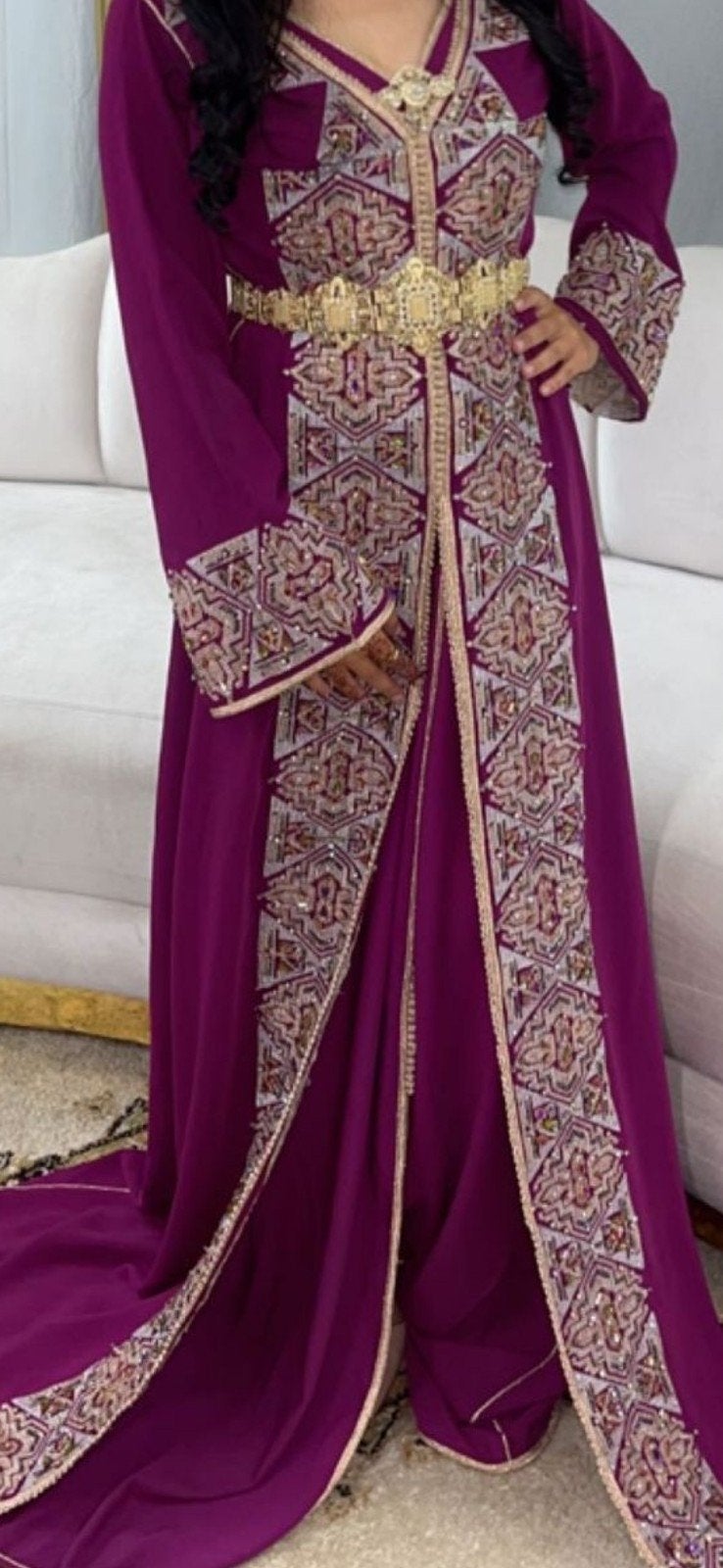 Elegante Marokkaanse jurk - Caftan met borduursels, Kleding | Dames, Maat 38/40 (M), Paars, Ophalen of Verzenden, Onder de knie