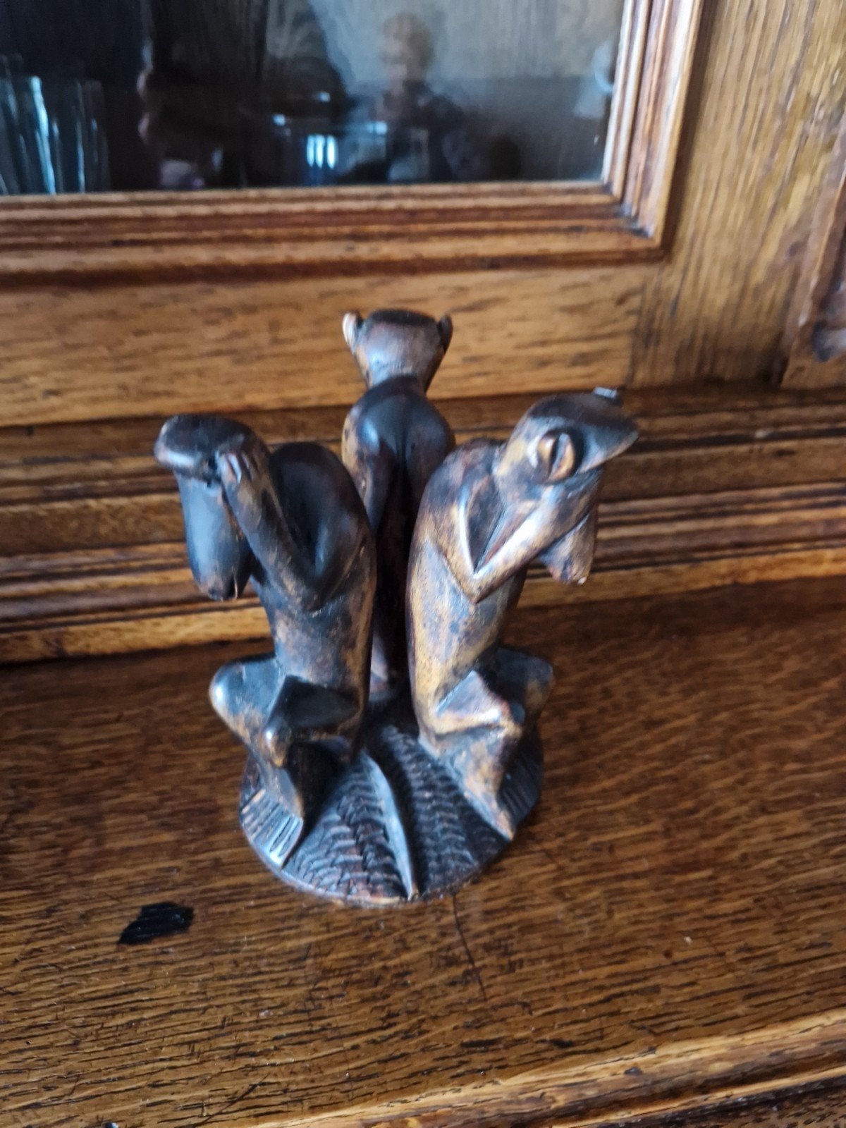 Houten beeldje: Drie Wijze Apen (Horen, Zien, Zwijgen), Minder dan 20 cm, Ophalen of Verzenden, Beeld, Hout