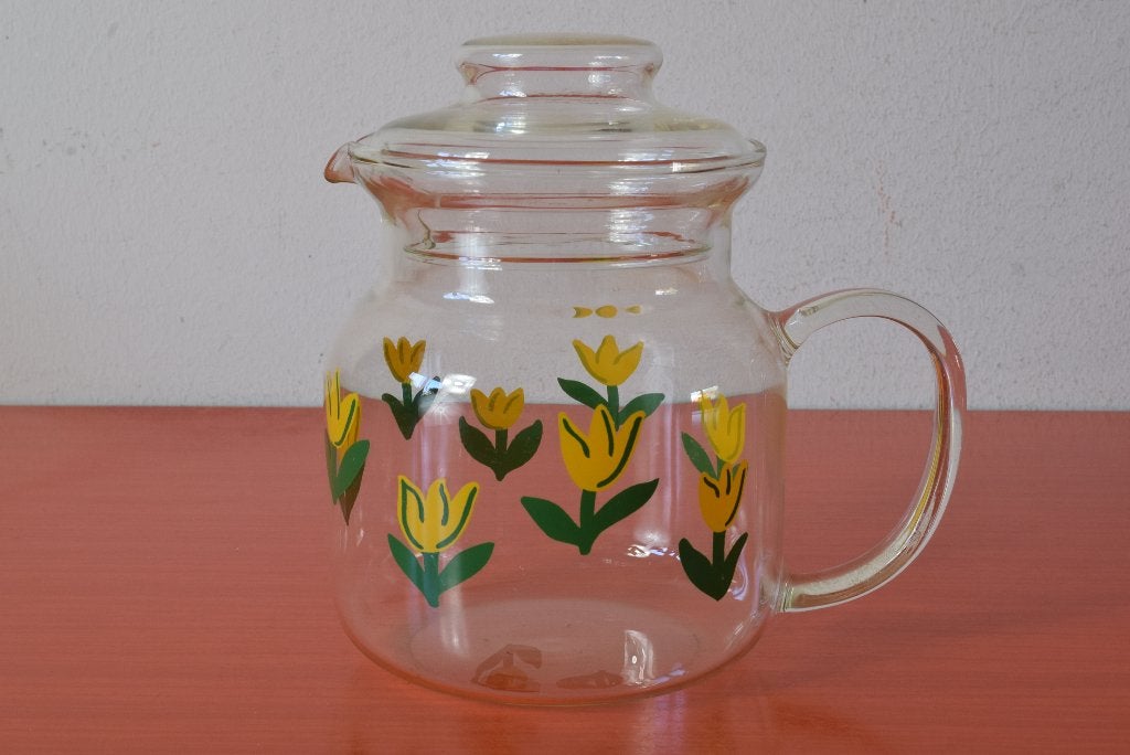 Retro vintage glazen theepot / koffiepot - Funky tulpdecor, Overige merken, Vintage, Ophalen of Verzenden, Theepot