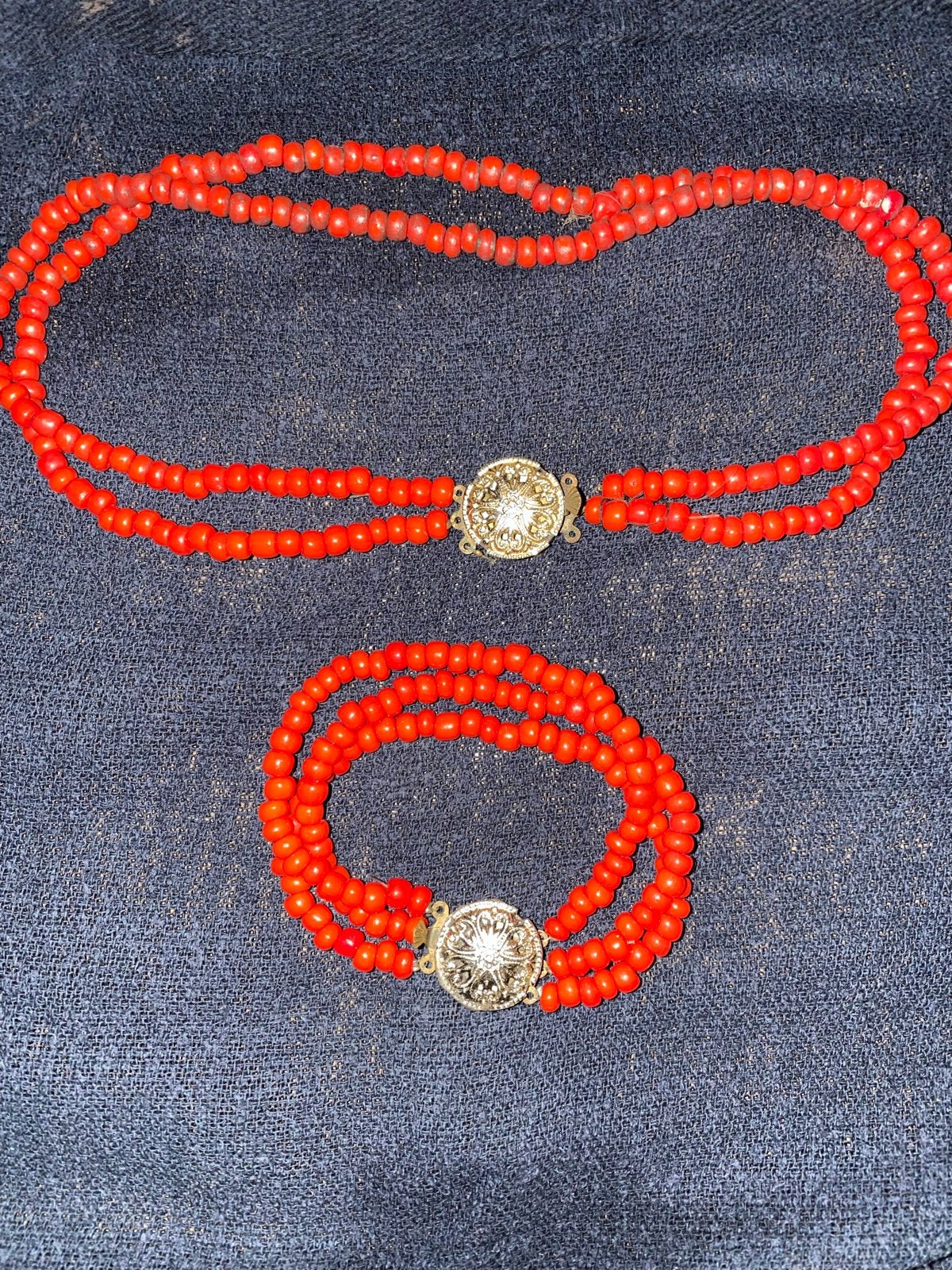 Antieke Bloedkoraal Set: Ketting (2 snoeren) & Armband (3 sn, Sieraden, Tassen en Uiterlijk, Ophalen of Verzenden, Zilver, Ketting